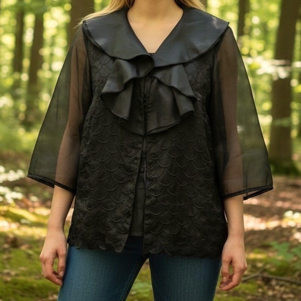 Whimsigoth Sheer Black Scalloped Statement Jacket Ruffle Romantic 15/16 Plus - Picture 15 of 15